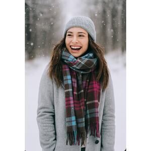 Kate Spade Lambswool Angora Plaid Fringe Scarf Cozy Warm